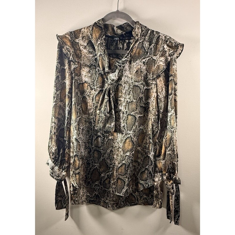ZARA Womens Multicolor Snake Print V-Neck Tie Neck Blouse - S